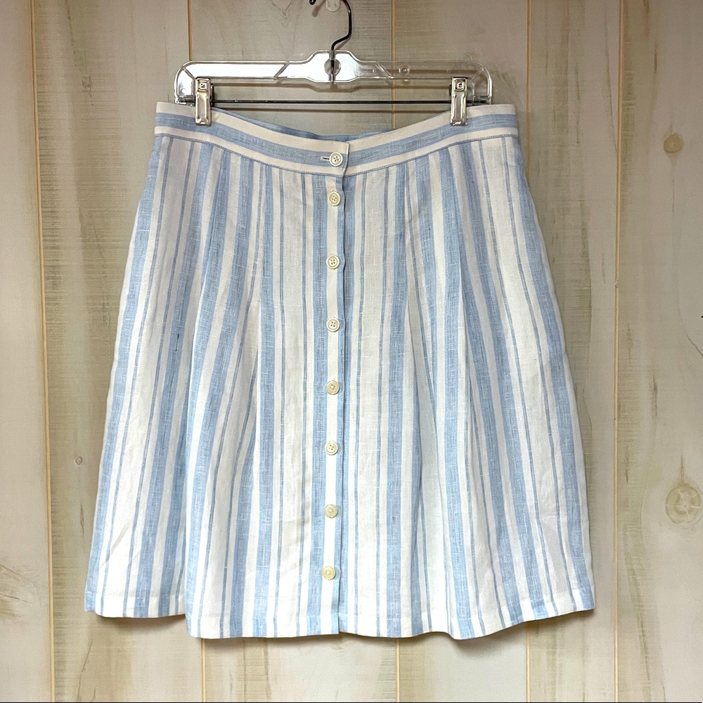 Brooks Brothers Linen Blue White Stripe Button Skirt Sz 10